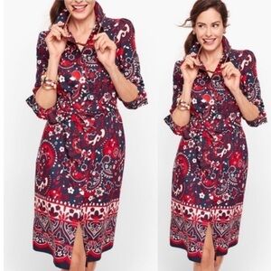Talbots paisley poplin picnic button front shirt dress in red white and blue. 8P